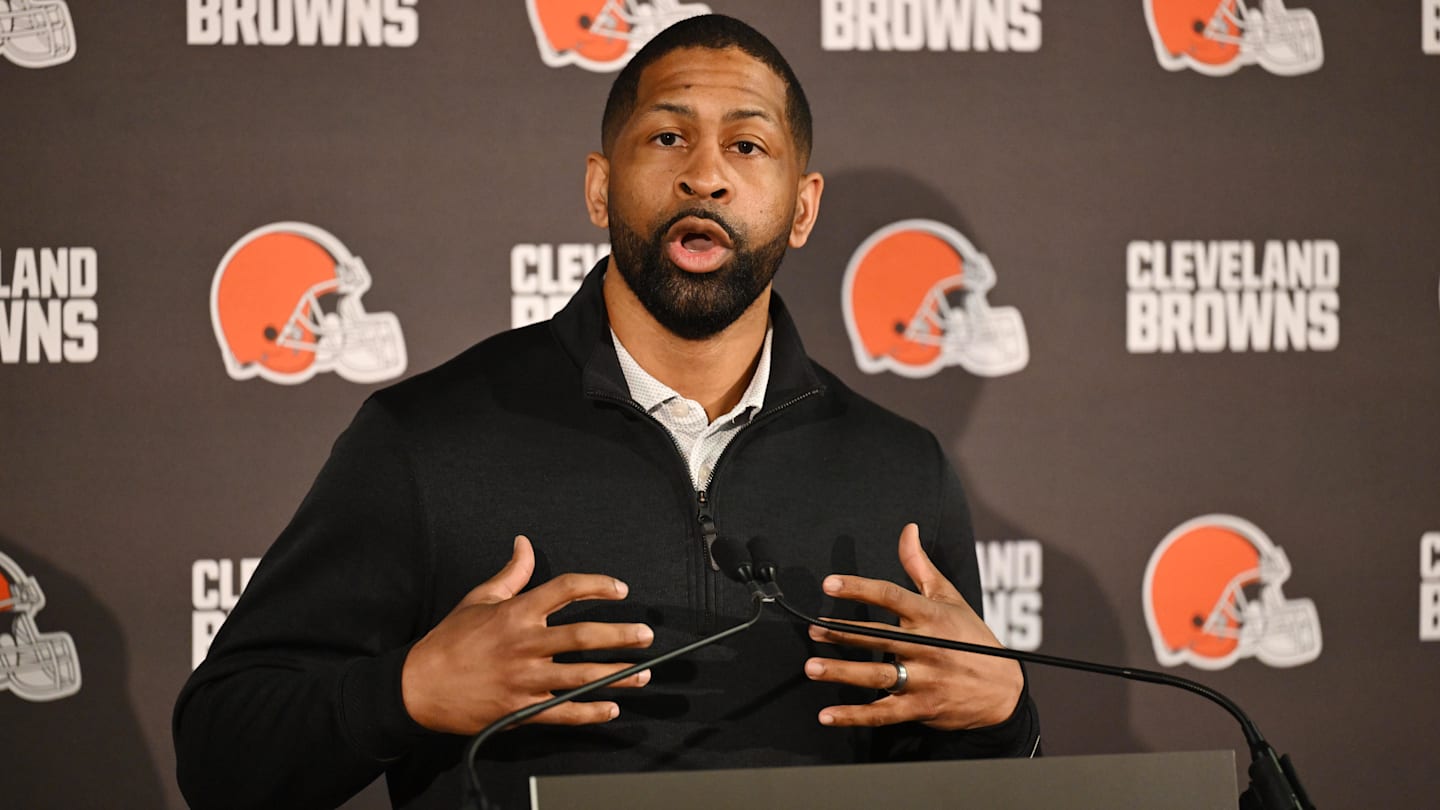 Feb 3, 2026; Berea, OH, USA; Executive vice president, football operations and general manager  Andrew Berry speaks to the media during a press conference to introduce new head coach Todd Monken at CrossCountry Mortgage Campus. Mandatory Credit: Ken Blaze-Imagn Images