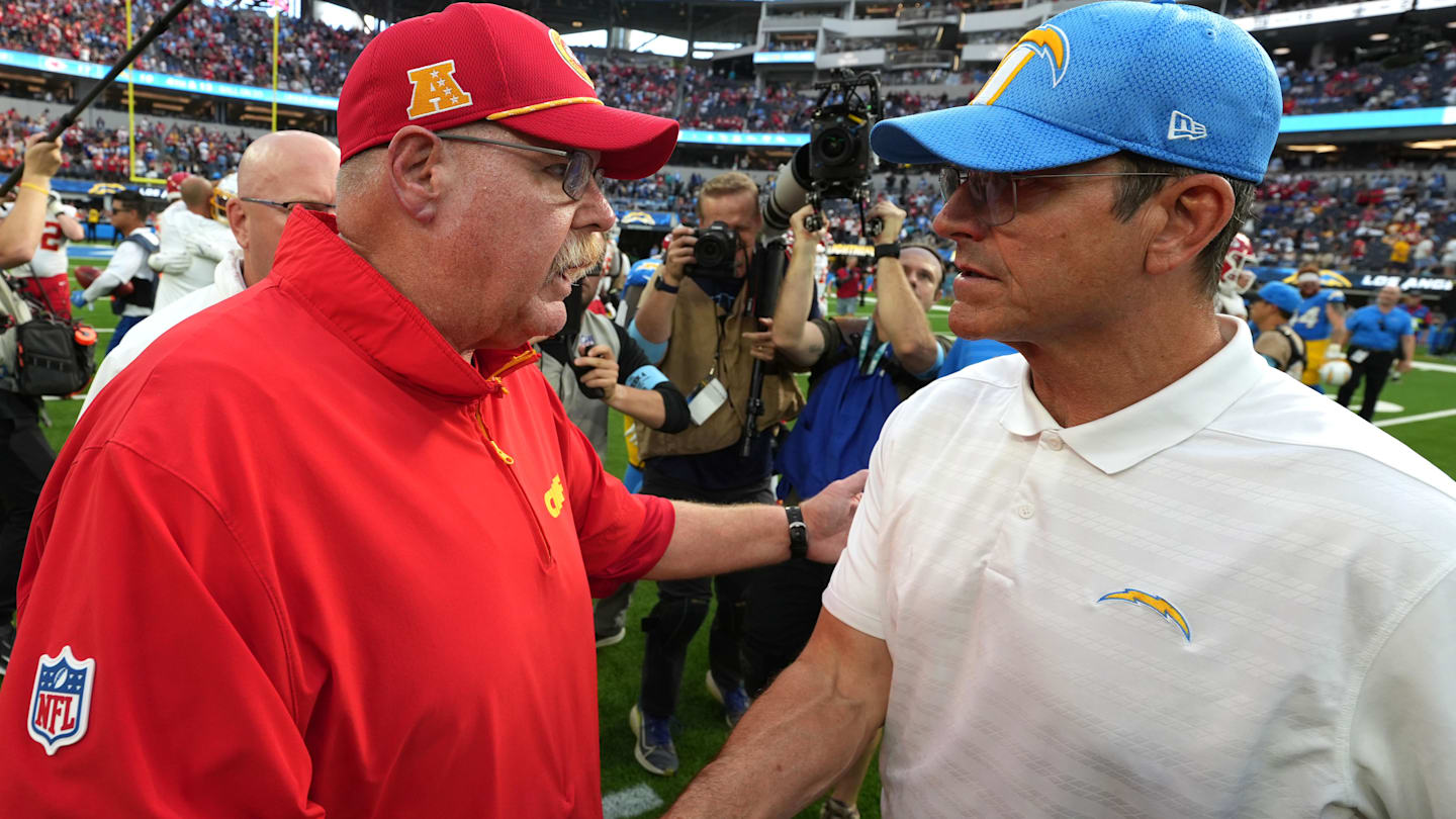 Sep 29, 2024; Inglewood, California, USA; Kansas City Chiefs coach Andy Reid shakes hands with Los Angeles Chargers coach Jim Harbaugh after the game at SoFi Stadium.