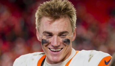 Dec 25, 2025; Kansas City, Missouri, USA; Denver Broncos quarterback Bo Nix (10) gives an interview after the game at GEHA Field at Arrowhead Stadium. Mandatory Credit: Jay Biggerstaff-Imagn Images