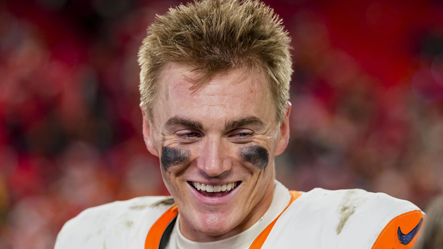 Dec 25, 2025; Kansas City, Missouri, USA; Denver Broncos quarterback Bo Nix (10) gives an interview after the game at GEHA Field at Arrowhead Stadium. Mandatory Credit: Jay Biggerstaff-Imagn Images