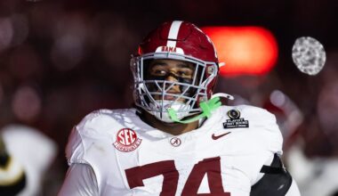 Dec 19, 2025; Norman, OK, USA; Alabama Crimson Tide offensive lineman Kadyn Proctor (74) against the Oklahoma Sooners during the CFP National Playoff First Round at Gaylord Family Oklahoma Memorial Stadium. Mandatory Credit: Mark J. Rebilas-Imagn Images