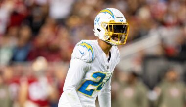 November 13, 2022; Santa Clara, California, USA; Los Angeles Chargers safety Nasir Adderley (24) during the first quarter against the San Francisco 49ers at Levi's Stadium. Mandatory Credit: Kyle Terada-Imagn Images