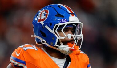 Nov 6, 2025; Denver, Colorado, USA; Denver Broncos running back J.K. Dobbins (27) in the fourth quarter against the Las Vegas Raiders at Empower Field at Mile High. Mandatory Credit: Isaiah J. Downing-Imagn Images