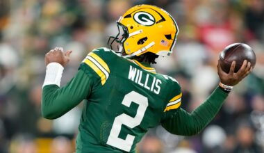 Dec 27, 2025; Green Bay, Wisconsin, USA; Green Bay Packers quarterback Malik Willis (2) throws a pass during the first quarter against the Baltimore Ravens at Lambeau Field. Mandatory Credit: Kayla Wolf-Imagn Images