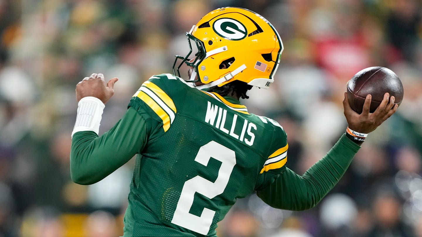 Dec 27, 2025; Green Bay, Wisconsin, USA; Green Bay Packers quarterback Malik Willis (2) throws a pass during the first quarter against the Baltimore Ravens at Lambeau Field. Mandatory Credit: Kayla Wolf-Imagn Images