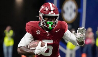 Dec 6, 2025; Atlanta, GA, USA; Alabama wide receiver Germie Bernard (5) runs with the ball after making a catch during the game with Georgia at Mercedes-Benz Stadium. Mandatory Credit: Gary Cosby Jr.-Tuscaloosa News