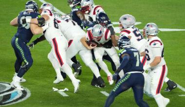 Feb 8, 2026; Santa Clara, CA, USA; New England Patriots quarterback Drake Maye (10) is sacked by Seattle Seahawks defensive tackle Byron Murphy II (91) in the second half in Super Bowl LX at Levi's Stadium. Mandatory Credit: Kirby Lee-Imagn Images