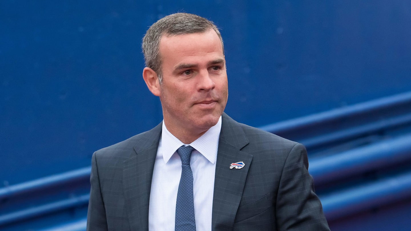 Oct 31, 2021; Orchard Park, New York, USA; Buffalo Bills general manager Brandon Beane enters the field before a game against the Miami Dolphins at Highmark Stadium. Mandatory Credit: Mark Konezny-Imagn Images