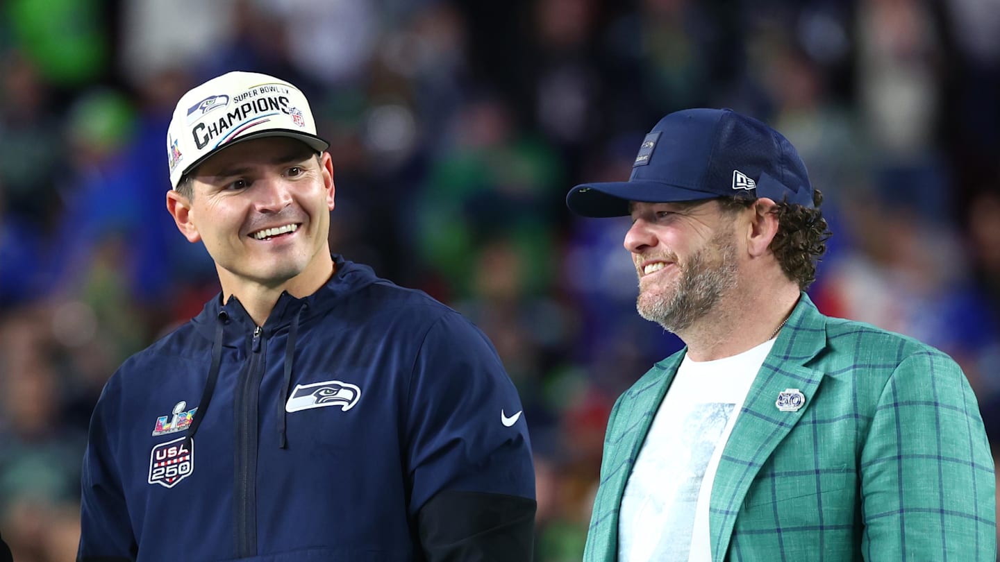 Seattle Seahawks head coach Mike Macdonald and general manager John Schneider on the podium