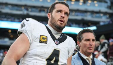 Dec 8, 2024; East Rutherford, New Jersey, USA; New Orleans Saints quarterback Derek Carr (4) walks off the field after field after an injury during the fourth quarter at MetLife Stadium. Mandatory Credit: Vincent Carchietta-Imagn Images