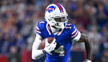 Sep 18, 2025; Orchard Park, New York, USA; Buffalo Bills wide receiver Tyrell Shavers (14) runs after making a catch against the Miami Dolphins in the second quarter at Highmark Stadium. Mandatory Credit: Mark Konezny-Imagn Images