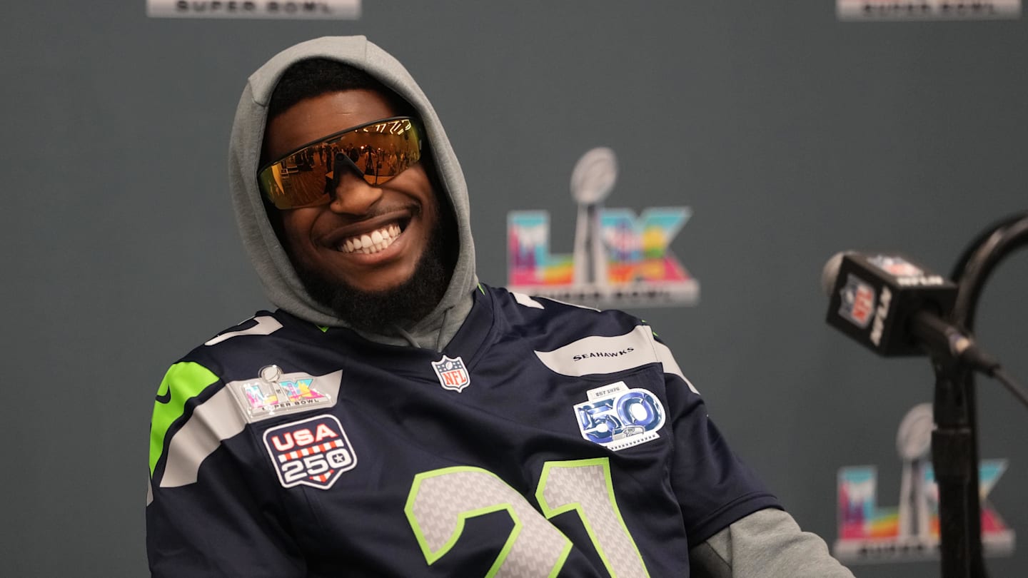 Seattle Seahawks cornerback Devon Witherspoon (21) talks to the media.