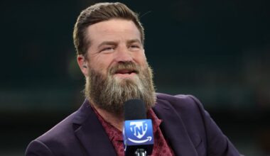 Oct 30, 2025; Miami Gardens, Florida, USA; Amazon Prime analyst Ryan Fitzpatrick speaks during a broadcast prior to a game between the Miami Dolphins and the Baltimore Ravens at Hard Rock Stadium. Mandatory Credit: Nathan Ray Seebeck-Imagn Images