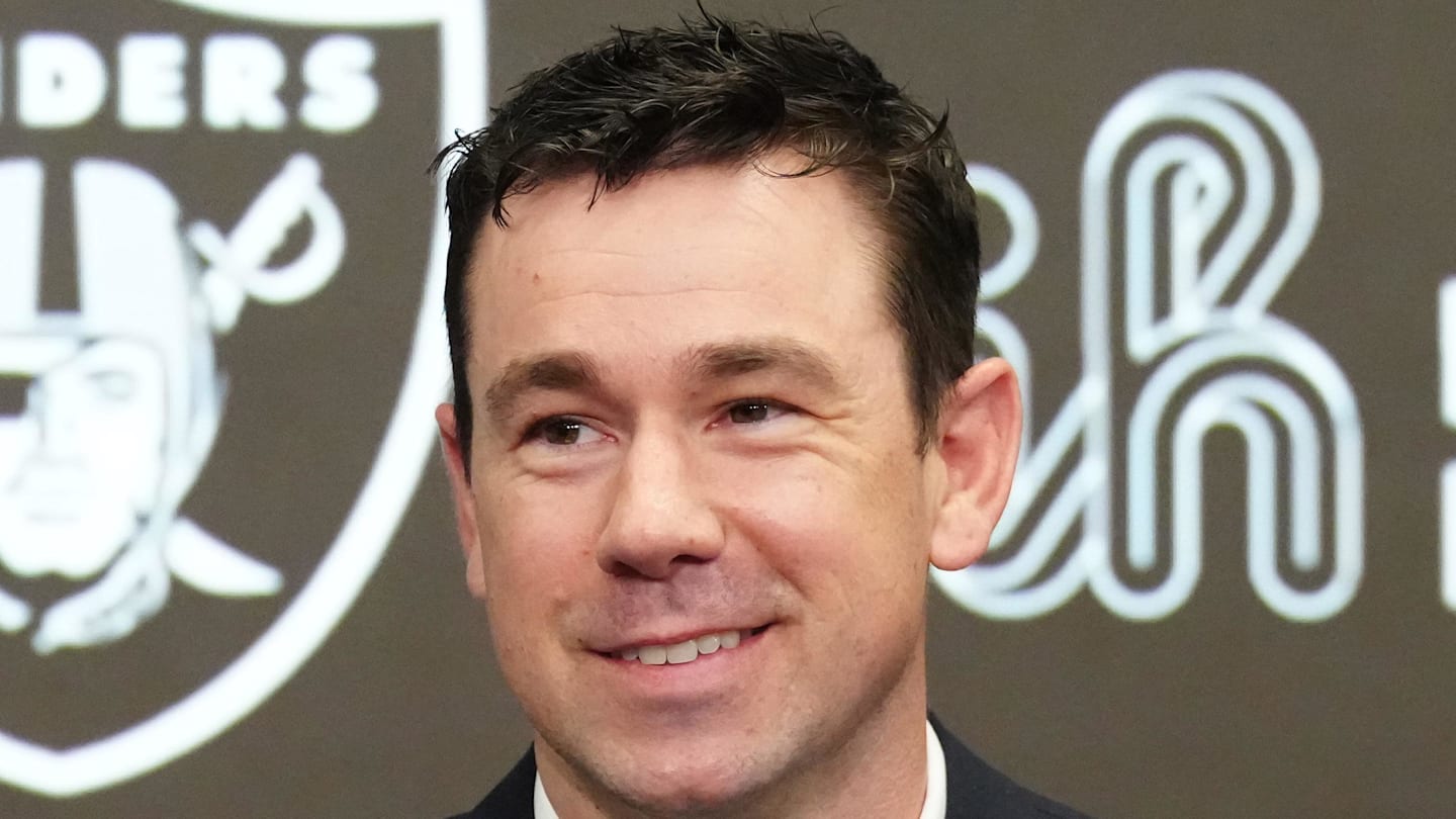 Feb 10, 2026; Henderson, NV, USA; Las Vegas Raiders coach Klint Kubiak speaks at introductory press conference at Intermountain Health Performance Center. Mandatory Credit: Kirby Lee-Imagn Images
