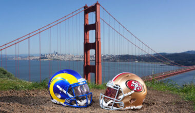 Jan 29, 2026; San Francisco, California, USA; Los Angeles Rams and San Francisco 49ers helmets with the Golden Gate bridge as a backdrop. Mandatory Credit: Kirby Lee-Imagn Images