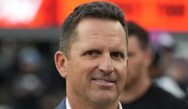 Oct 17, 2022; Inglewood, California, USA;Denver Broncos general manager George Paton reacts during the game against the Los Angeles Chargers at SoFi Stadium. Mandatory Credit: Kirby Lee-Imagn Images