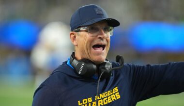 Dec 8, 2025; Inglewood, California, USA;  Los Angeles Chargers head coach Jim Harbaugh reacts in the first half against the Philadelphia Eagles at SoFi Stadium. Mandatory Credit: Kirby Lee-Imagn Images