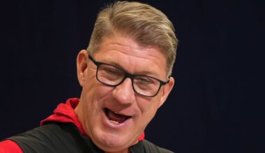 Feb 25, 2025; Indianapolis, IN, USA; Tampa Bay Buccaneers general manager Jason Licht speaks during the NFL Scouting Combine at the Indiana Convention Center. Mandatory Credit: Kirby Lee-Imagn Images