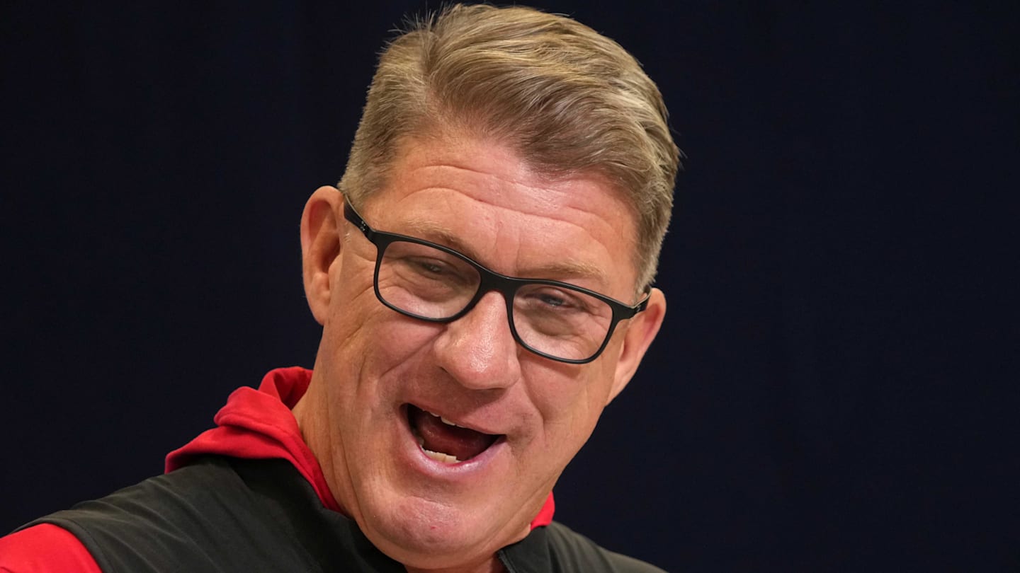 Feb 25, 2025; Indianapolis, IN, USA; Tampa Bay Buccaneers general manager Jason Licht speaks during the NFL Scouting Combine at the Indiana Convention Center. Mandatory Credit: Kirby Lee-Imagn Images