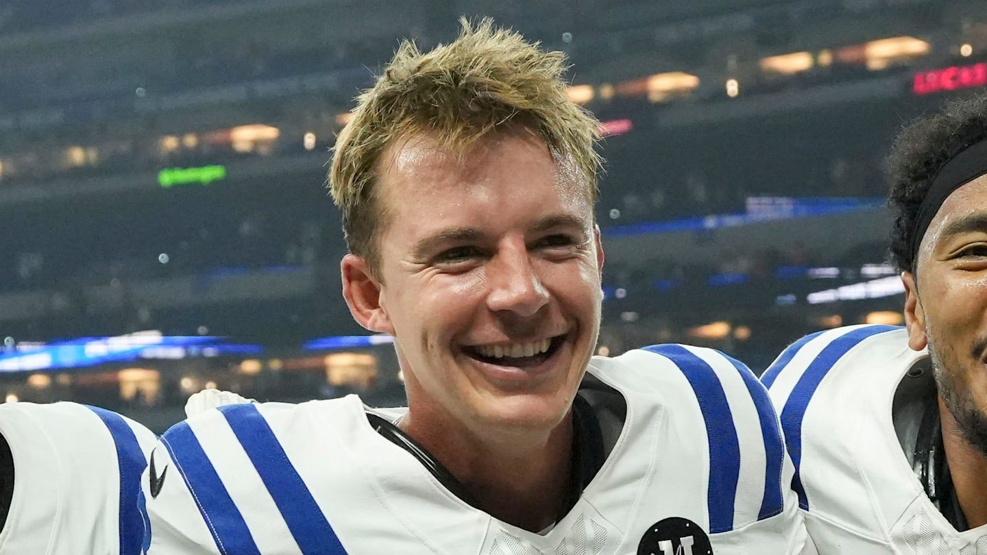 Indianapolis Colts place kicker Spencer Shrader celebrates