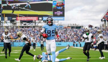 Dec 28, 2025; Nashville, Tennessee, USA; Tennessee Titans tight end Chig Okonkwo (85) makes it to the end zone during the second quarter against the New Orleans Saints at Nissan Stadium. Mandatory Credit: Andrew Nelles-USA TODAY Network via Imagn Images
