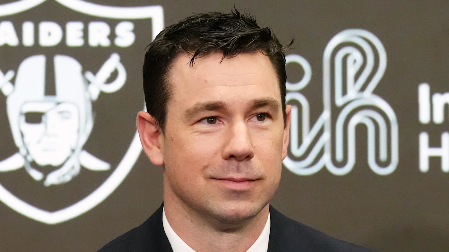 Feb 10, 2026; Henderson, NV, USA; Las Vegas Raiders coach Klint Kubiak speaks at introductory press conference at Intermountain Health Performance Center. Mandatory Credit: Kirby Lee-Imagn Images