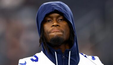 Aug 22, 2025; Arlington, Texas, USA; Dallas Cowboys wide receiver George Pickens (3) before the game against the Atlanta Falcons at AT&T Stadium. Mandatory Credit: Kevin Jairaj-Imagn Images
