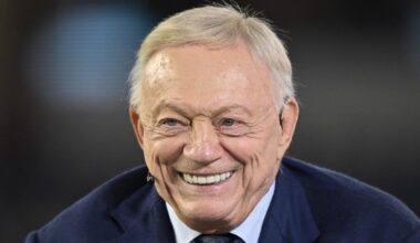 Nov 3, 2025; Arlington, Texas, USA; Dallas Cowboys owner Jerry Jones talks before the game against the Arizona Cardinals at AT&T Stadium. Mandatory Credit: Jerome Miron-Imagn Images