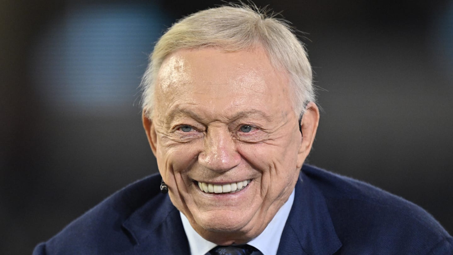 Nov 3, 2025; Arlington, Texas, USA; Dallas Cowboys owner Jerry Jones talks before the game against the Arizona Cardinals at AT&T Stadium. Mandatory Credit: Jerome Miron-Imagn Images
