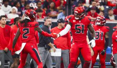 Dec 21, 2025; Houston, Texas, USA; Houston Texans defensive end Will Anderson Jr. (51) and safety Calen Bullock (2) react to a play against the Las Vegas Raiders during the second quarter at NRG Stadium. Mandatory Credit: Troy Taormina-Imagn Images