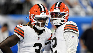 Cleveland Browns wide receiver Jerry Jeudy with quarterback Shedeur Sanders