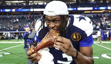 Nov 27, 2025; Arlington, Texas, USA; Dallas Cowboys wide receiver George Pickens (3) celebrates by eating turkey after the game against the Kansas City Chiefs at AT&T Stadium. Mandatory Credit: Kevin Jairaj-Imagn Images