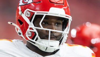 Aug 9, 2025; Glendale, Arizona, USA; Kansas City Chiefs defensive end Felix Anudike-Uzomah (91) against the Arizona Cardinals during a preseason NFL game at State Farm Stadium. Mandatory Credit: Mark J. Rebilas-Imagn Images
