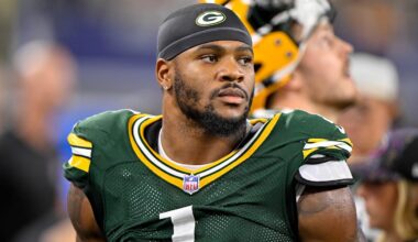 Sep 28, 2025; Arlington, Texas, USA; Green Bay Packers defensive end Micah Parsons (1) looks on from the sidelines during the game between the Dallas Cowboys and the Green Bay Packers at AT&T Stadium. Mandatory Credit: Jerome Miron-Imagn Images