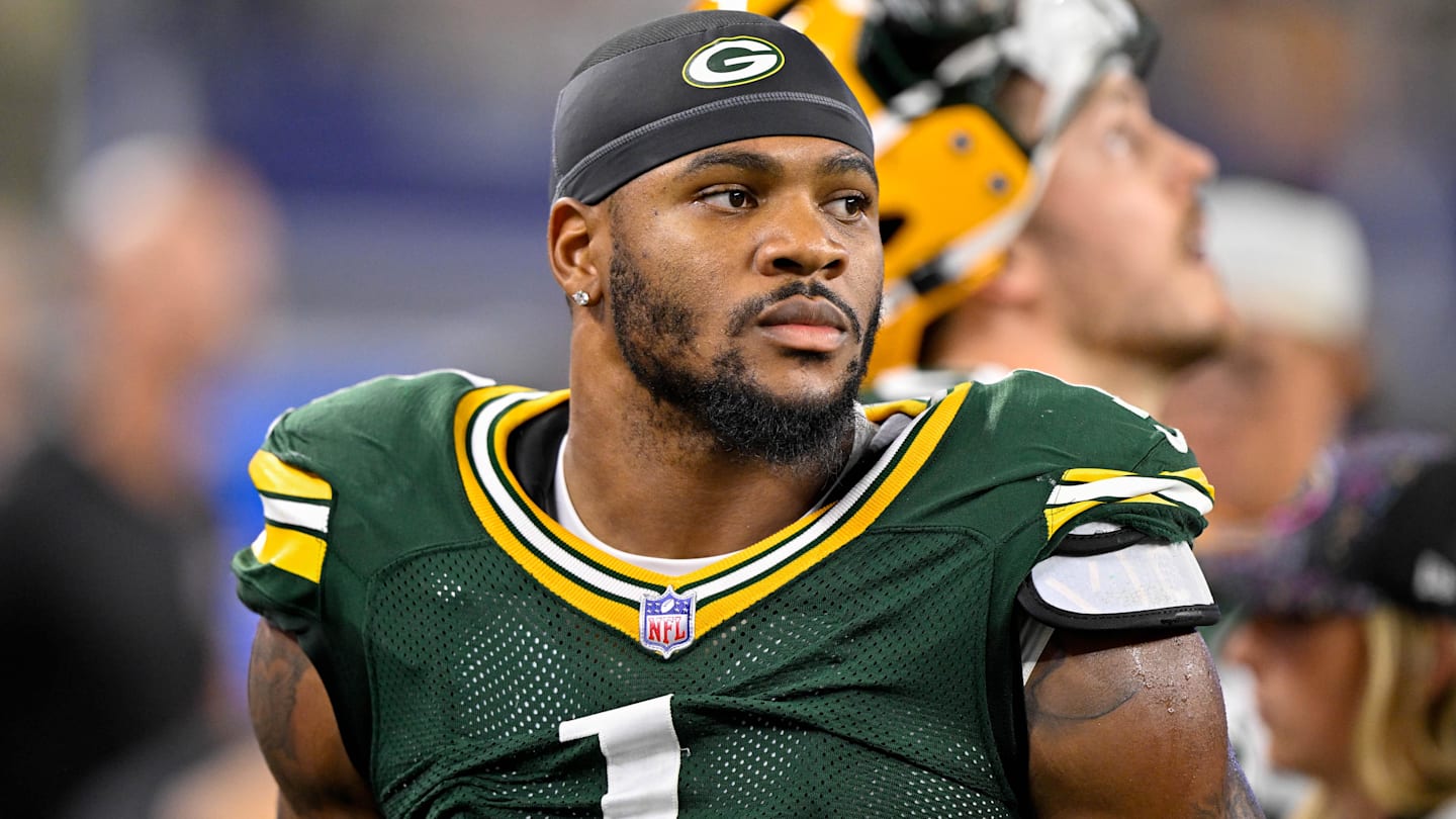 Sep 28, 2025; Arlington, Texas, USA; Green Bay Packers defensive end Micah Parsons (1) looks on from the sidelines during the game between the Dallas Cowboys and the Green Bay Packers at AT&T Stadium. Mandatory Credit: Jerome Miron-Imagn Images
