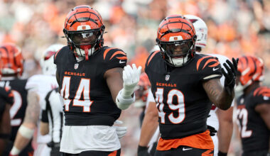 Dec 28, 2025; Cincinnati, Ohio, USA; Cincinnati Bengals linebacker Demetrius Knight Jr. (44) and Cincinnati Bengals linebacker Barrett Carter (49) react after a play during the second half against the Arizona Cardinals at Paycor Stadium. Mandatory Credit: Joseph Maiorana-Imagn Images