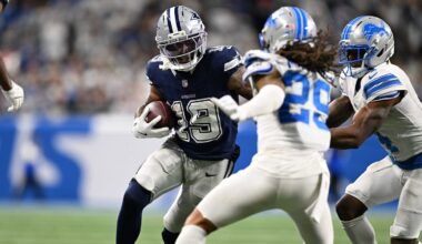 Dec 4, 2025; Detroit, Michigan, USA; Dallas Cowboys wide receiver Ryan Flournoy (19) runs against Detroit Lions cornerback D.J. Reed (4) and cornerback Avonte Maddox (29) during the second half at Ford Field. Mandatory Credit: Lon Horwedel-Imagn Images