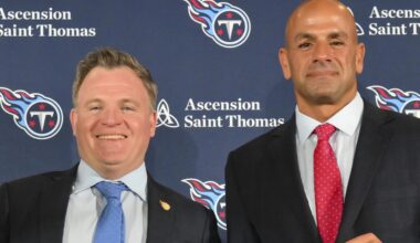 Jan 29, 2026; Nashville, TN, USA;  Tennessee Titans general manager Mike Borgonzi and Tennessee Titans head coach Robert Saleh holds up the Titans jersey during the press conference at Ascension Saint Thomas Sports Park. Mandatory Credit: Steve Roberts-Imagn Images