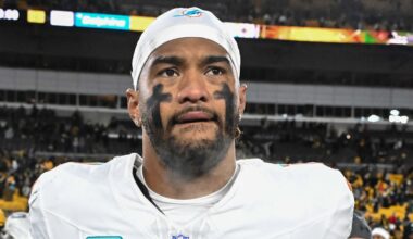 Dec 15, 2025; Pittsburgh, Pennsylvania, USA; Miami Dolphins quarterback Tua Tagovailoa (1) leaves the  field following a game against the Pittsburgh Steelers at Acrisure Stadium. Mandatory Credit: Barry Reeger-Imagn Images