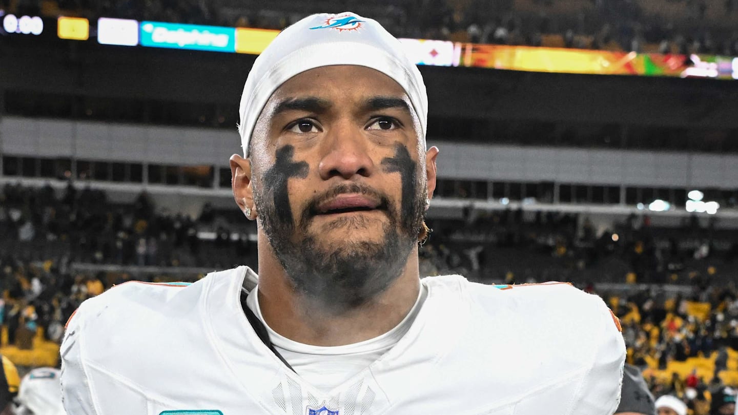 Dec 15, 2025; Pittsburgh, Pennsylvania, USA; Miami Dolphins quarterback Tua Tagovailoa (1) leaves the  field following a game against the Pittsburgh Steelers at Acrisure Stadium. Mandatory Credit: Barry Reeger-Imagn Images