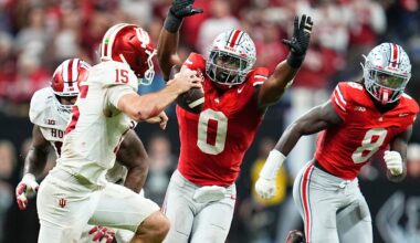Ohio State Buckeyes linebacker Sonny Styles (0) pressures Indiana Hoosiers quarterback Fernando Mendoza (15) during the Big Ten Conference championship game at Lucas Oil Stadium in Indianapolis on Dec. 6, 2025. Ohio State lost 13-10.