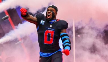 Jan 4, 2026; Houston, Texas, USA; Houston Texans linebacker Azeez al-Shaair (0) is introduced before playing against the Indianapolis Colts at NRG Stadium. Mandatory Credit: Thomas Shea-Imagn Images