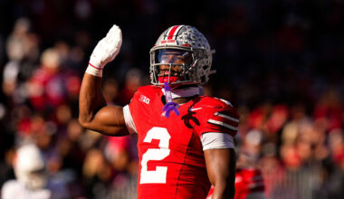 Ohio State Buckeyes defensive back Caleb Downs (2) celebrates after sacking Rutgers Scarlet Knights quarterback Athan Kaliakmanis (16) in the second half of the NCAA football game at Ohio Stadium on Saturday, Nov. 22, 2025 in Columbus, Ohio.