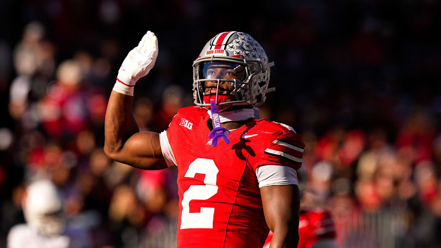 Ohio State Buckeyes defensive back Caleb Downs (2) celebrates after sacking Rutgers Scarlet Knights quarterback Athan Kaliakmanis (16) in the second half of the NCAA football game at Ohio Stadium on Saturday, Nov. 22, 2025 in Columbus, Ohio.