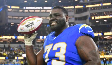 Nov 9, 2025; Inglewood, California, USA; Los Angeles Chargers guard Mekhi Becton (73) reacts after the game against the Pittsburgh Steelers at SoFi Stadium. Mandatory Credit: Gary A. Vasquez-Imagn Images