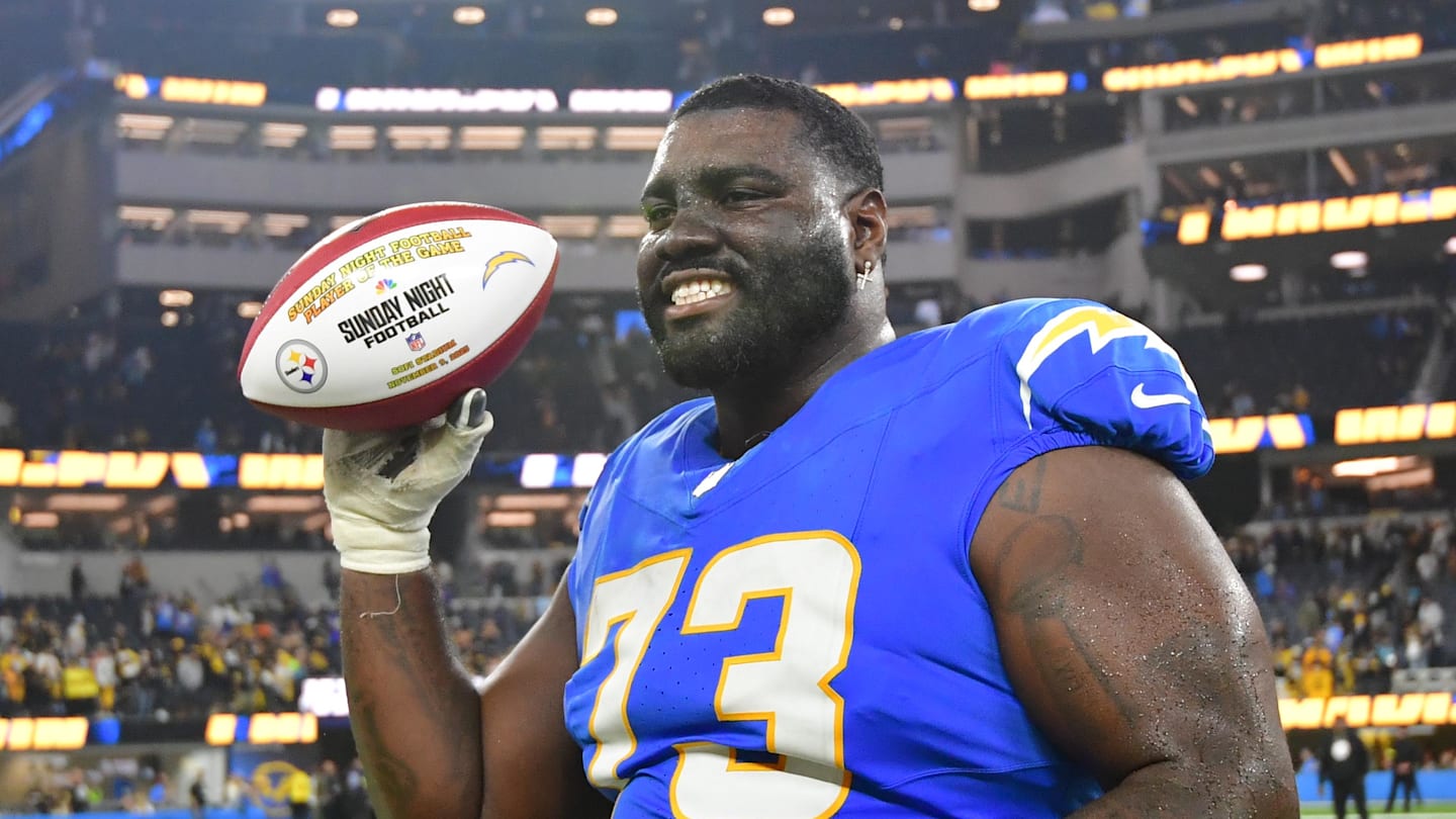 Nov 9, 2025; Inglewood, California, USA; Los Angeles Chargers guard Mekhi Becton (73) reacts after the game against the Pittsburgh Steelers at SoFi Stadium. Mandatory Credit: Gary A. Vasquez-Imagn Images