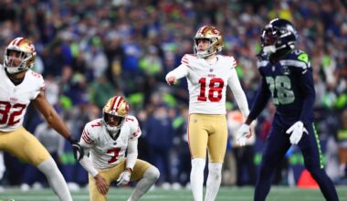Jan 17, 2026; Seattle, WA, USA; San Francisco 49ers place kicker Eddy Pineiro (18) watches his made field goal against the Seattle Seahawks during the first half in an NFC Divisional Round game at Lumen Field. Mandatory Credit: Kevin Ng-Imagn Images