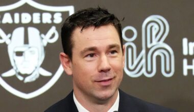 Feb 10, 2026; Henderson, NV, USA; Las Vegas Raiders coach Klint Kubiak speaks at introductory press conference at Intermountain Health Performance Center. Mandatory Credit: Kirby Lee-Imagn Images