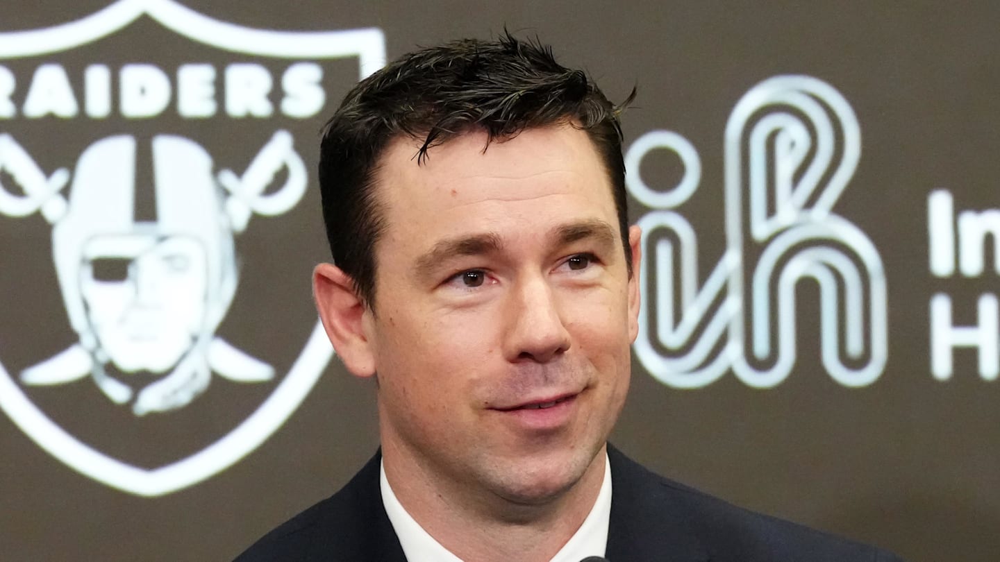 Feb 10, 2026; Henderson, NV, USA; Las Vegas Raiders coach Klint Kubiak speaks at introductory press conference at Intermountain Health Performance Center. Mandatory Credit: Kirby Lee-Imagn Images