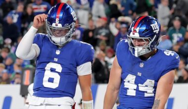 New York Giants quarterback Jaxson Dart and running back Cam Skattebo